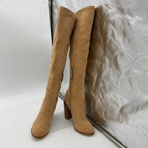 Brown suede round toe high chunky heels over the knee boots booties shoes